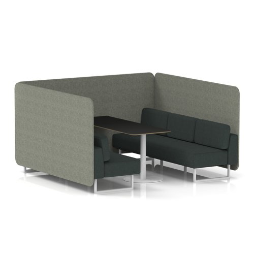 Brixworth 6 Seater Bench Booth With White Legs And Black Table With White Leg In Rivet Fabric - Vitreous Panels And Charcoal Sofa