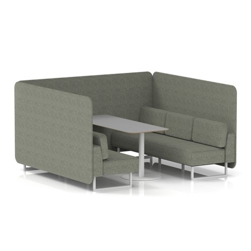 Brixworth 6 Seater Bench Booth With White Legs And Grey Table With White Leg In Rivet Fabric - Vitreous Panels And Sofa
