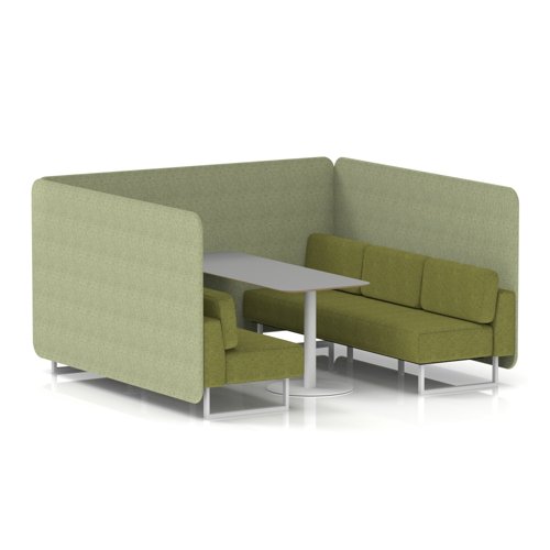Brixworth 6 Seater Bench Booth With White Legs And Grey Table With White Leg In Rivet Fabric - Burnish Panels And Olive Sofa