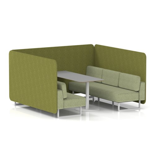 Brixworth 6 Seater Bench Booth With White Legs And Grey Table With White Leg In Rivet Fabric - Olive Panels And Burnish Sofa