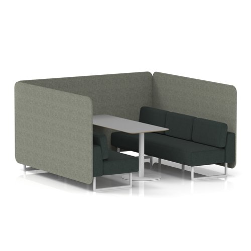 Brixworth 6 Seater Bench Booth With White Legs And Grey Table With White Leg In Rivet Fabric - Vitreous Panels And Charcoal Sofa