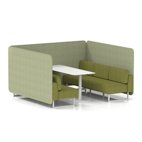 Brixworth 6 Seater Bench Booth With White Legs And White Table With White Leg In Rivet Fabric - Burnish Panels And Olive Sofa