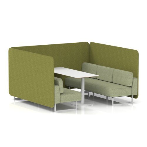 Brixworth 6 Seater Bench Booth With White Legs And White Table With White Leg In Rivet Fabric - Olive Panels And Burnish Sofa