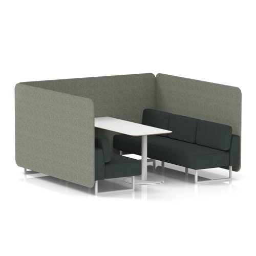 Brixworth 6 Seater Bench Booth With White Legs And White Table With White Leg In Rivet Fabric - Vitreous Panels And Charcoal Sofa