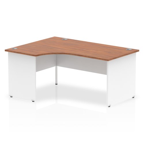 Impulse 1600mm Left Crescent Office Desk Walnut Top White Panel End Leg