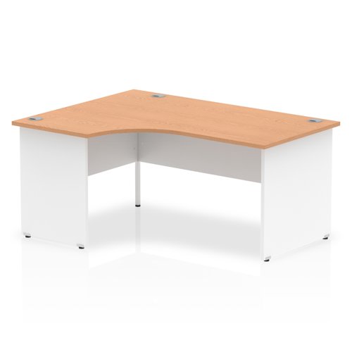 Impulse 1600mm Left Crescent Office Desk Oak Top White Panel End Leg