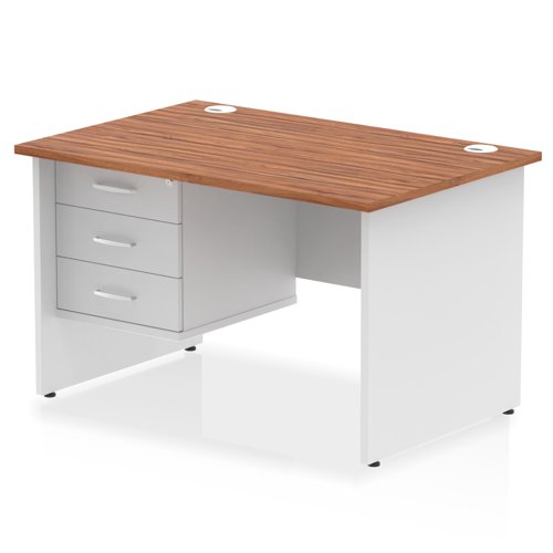 Impulse 1200 x 800mm Straight Office Desk Walnut Top White Panel End Leg with 1 x 3 Drawer Fixed Pedestal