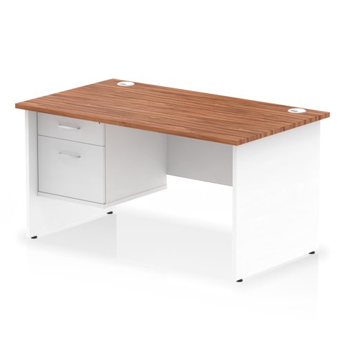 Impulse 1400 x 800mm Straight Office Desk Walnut Top White Panel End Leg with 1 x 2 Drawer Fixed Pedestal