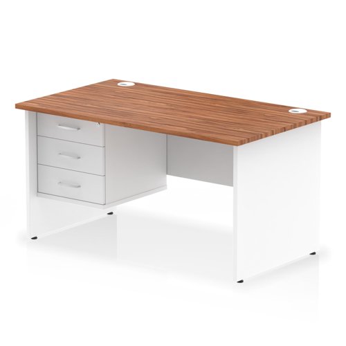 Impulse 1400 x 800mm Straight Office Desk Walnut Top White Panel End Leg with 1 x 3 Drawer Fixed Pedestal