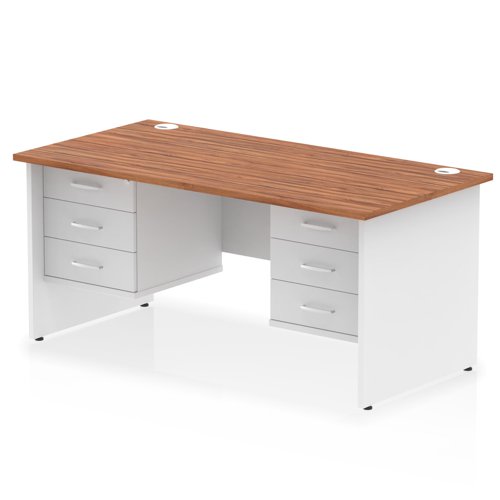 Impulse 1600 x 800mm Straight Office Desk Walnut Top White Panel End Leg with 2 x 3 Drawer Fixed Pedestal