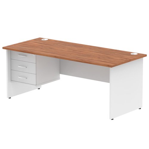 Impulse 1800 X 800mm Straight Office Desk Walnut Top White Panel End Leg With 1 X 3 Drawer Fixed Pedestal