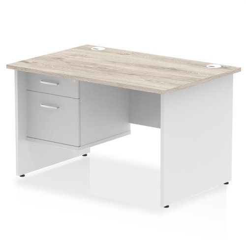 Impulse 1200 x 800mm Straight Office Desk Grey Oak Top White Panel End Leg with 1 x 2 Drawer Fixed Pedestal