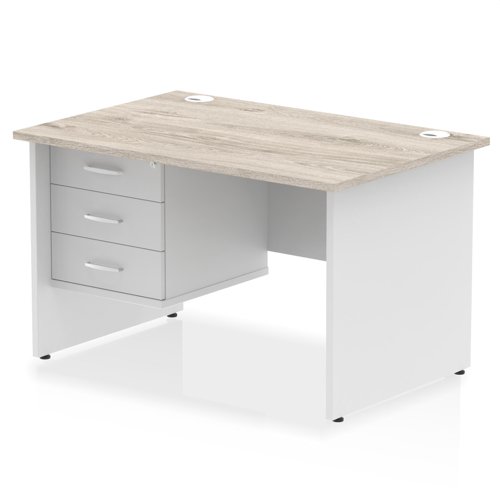 Impulse 1200 x 800mm Straight Office Desk Grey Oak Top White Panel End Leg with 1 x 3 Drawer Fixed Pedestal