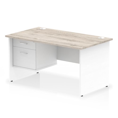 Impulse 1400 x 800mm Straight Office Desk Grey Oak Top White Panel End Leg with 1 x 2 Drawer Fixed Pedestal