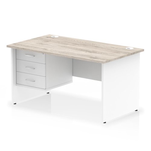 Impulse 1400 x 800mm Straight Office Desk Grey Oak Top White Panel End Leg with 1 x 3 Drawer Fixed Pedestal