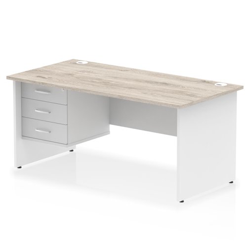 Impulse 1600 x 800mm Straight Office Desk Grey Oak Top White Panel End Leg with 1 x 3 Drawer Fixed Pedestal