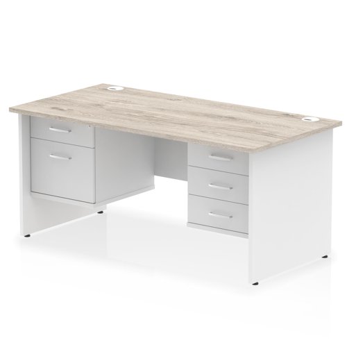 Impulse 1600 x 800mm Straight Office Desk Grey Oak Top White Panel End Leg with 1 x 2 Drawer and 1 x 3 Drawer Fixed Pedestal