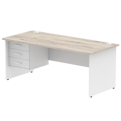 Impulse 1800 x 800mm Straight Office Desk Grey Oak Top White Panel End Leg with 1 x 3 Drawer Fixed Pedestal