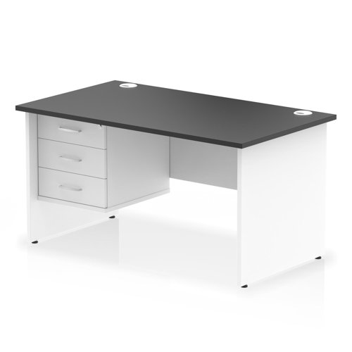 Impulse 1400 x 800mm Straight Office Desk Black Top White Panel End Leg with 1 x 3 Drawer Fixed Pedestal
