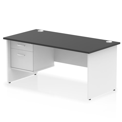 Impulse 1600 x 800mm Straight Office Desk Black Top White Panel End Leg with 1 x 2 Drawer Fixed Pedestal