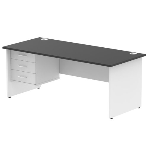 Impulse 1800 x 800mm Straight Office Desk Black Top White Panel End Leg with 1 x 3 Drawer Fixed Pedestal