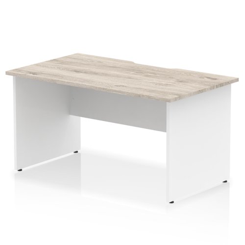 Impulse 1400 x 800mm Scalloped Edge Straight Office Desk Grey Oak Top White Panel End Leg