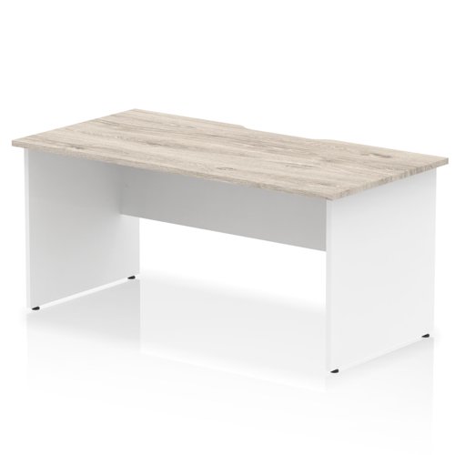 Impulse 1600 x 800mm Scalloped Edge Straight Office Desk Grey Oak Top White Panel End Leg