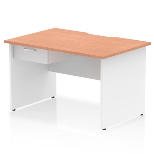 Impulse 1200 x 800mm Scalloped Edge Straight Office Desk Beech Top White Panel End Leg Workstation 1 x 1 Drawer Fixed Pedestal