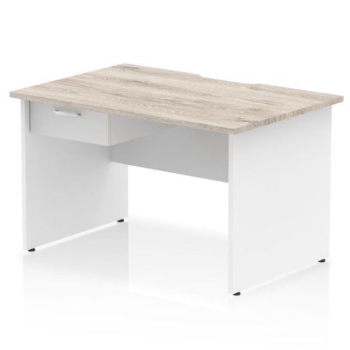 Impulse 1200 x 800mm Scalloped Edge Straight Office Desk Grey Oak Top White Panel End Leg Workstation 1 x 1 Drawer Fixed Pedestal