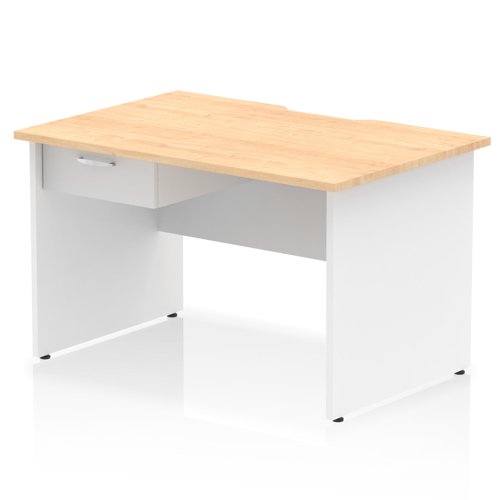 Impulse 1200 x 800mm Scalloped Edge Straight Office Desk Maple Top White Panel End Leg Workstation 1 x 1 Drawer Fixed Pedestal