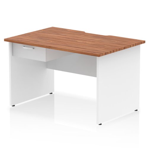 Impulse 1200 x 800mm Scalloped Edge Straight Office Desk Walnut Top White Panel End Leg Workstation 1 x 1 Drawer Fixed Pedestal