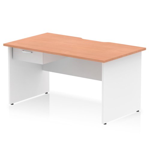 Impulse 1400 x 800mm Scalloped Edge Straight Office Desk Beech Top White Panel End Leg Workstation 1 x 1 Drawer Fixed Pedestal