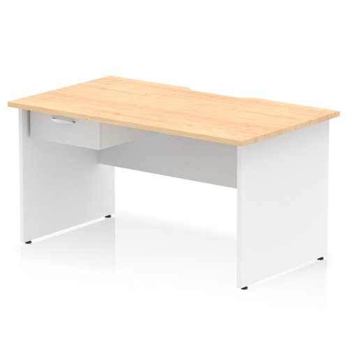 Impulse 1400 x 800mm Scalloped Edge Straight Office Desk Maple Top White Panel End Leg Workstation 1 x 1 Drawer Fixed Pedestal