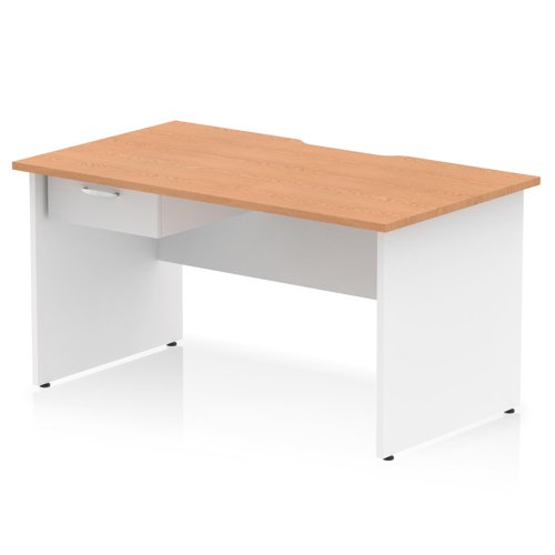 Impulse 1400 x 800mm Scalloped Edge Straight Office Desk Oak Top White Panel End Leg Workstation 1 x 1 Drawer Fixed Pedestal