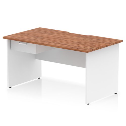 Impulse 1400 x 800mm Scalloped Edge Straight Office Desk Walnut Top White Panel End Leg Workstation 1 x 1 Drawer Fixed Pedestal