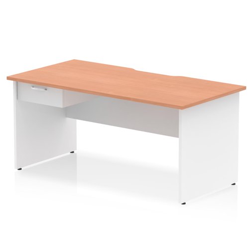 Impulse 1600 x 800mm Scalloped Edge Straight Office Desk Beech Top White Panel End Leg Workstation 1 x 1 Drawer Fixed Pedestal