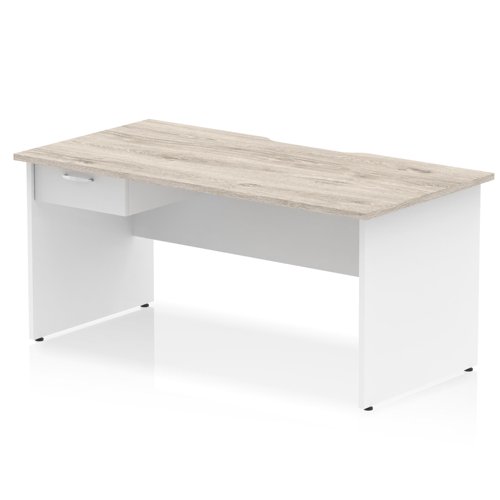 Impulse 1600 x 800mm Scalloped Edge Straight Office Desk Grey Oak Top White Panel End Leg Workstation 1 x 1 Drawer Fixed Pedestal