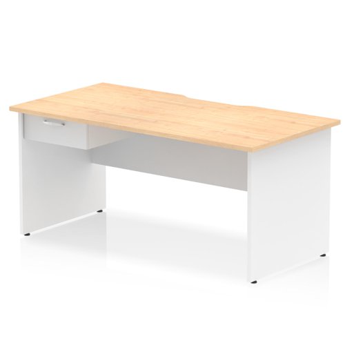 Impulse 1600 x 800mm Scalloped Edge Straight Office Desk Maple Top White Panel End Leg Workstation 1 x 1 Drawer Fixed Pedestal