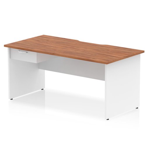 Impulse 1600 x 800mm Scalloped Edge Straight Office Desk Walnut Top White Panel End Leg Workstation 1 x 1 Drawer Fixed Pedestal