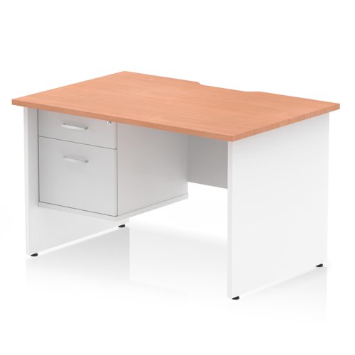 Impulse 1200 x 800mm Scalloped Edge Straight Office Desk Beech Top White Panel End Leg Workstation 1 x 2 Drawer Fixed Pedestal