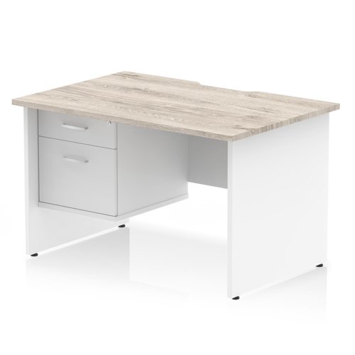 Impulse 1200 x 800mm Scalloped Edge Straight Office Desk Grey Oak Top White Panel End Leg Workstation 1 x 2 Drawer Fixed Pedestal