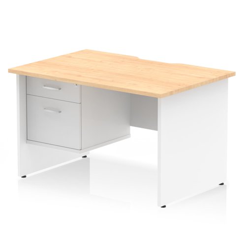 Impulse 1200 x 800mm Scalloped Edge Straight Office Desk Maple Top White Panel End Leg Workstation 1 x 2 Drawer Fixed Pedestal