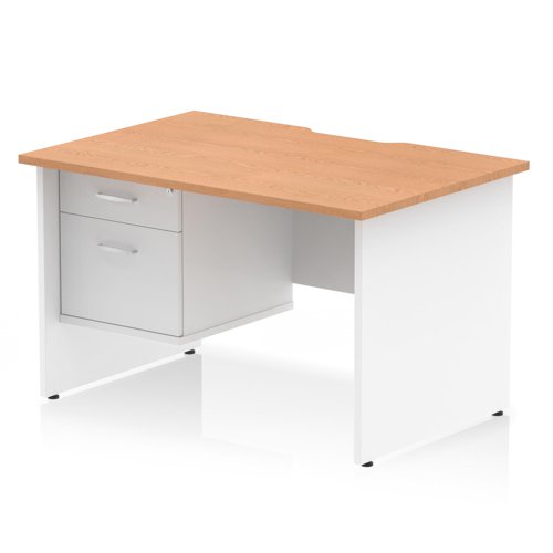 Impulse 1200 x 800mm Scalloped Edge Straight Office Desk Oak Top White Panel End Leg Workstation 1 x 2 Drawer Fixed Pedestal