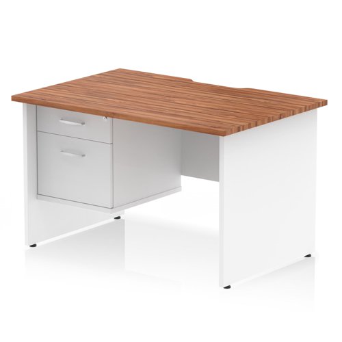 Impulse 1200 x 800mm Scalloped Edge Straight Office Desk Walnut Top White Panel End Leg Workstation 1 x 2 Drawer Fixed Pedestal