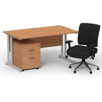 Impulse 1400mm Straight Office Desk Oak Top Silver Cantilever Leg with 2 Drawer Mobile Pedestal and Chiro Medium Back Black