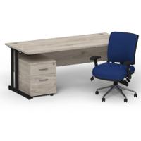 Impulse 1600mm Straight Office Desk Grey Oak Top Black Cantilever Leg with 2 Drawer Mobile Pedestal and Chiro Medium Back Blue