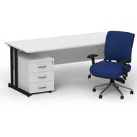 Impulse 1600mm Straight Office Desk White Top Black Cantilever Leg with 3 Drawer Mobile Pedestal and Chiro Medium Back Blue