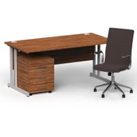 Impulse 1600mm Straight Office Desk Walnut Top Silver Cantilever Leg with 3 Drawer Mobile Pedestal and Ezra Brown