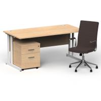 Impulse 1600mm Straight Office Desk Maple Top White Cantilever Leg with 2 Drawer Mobile Pedestal and Ezra Brown