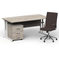 Impulse 1600mm Straight Office Desk Grey Oak Top White Cantilever Leg with 3 Drawer Mobile Pedestal and Ezra Brown